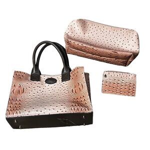 Leather Faux Ostrich Tote Bag Purse Make up Travel 3pc Set Punk and Brown